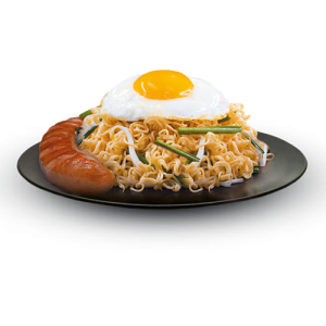Mì trộn xúc xích trứng chiên